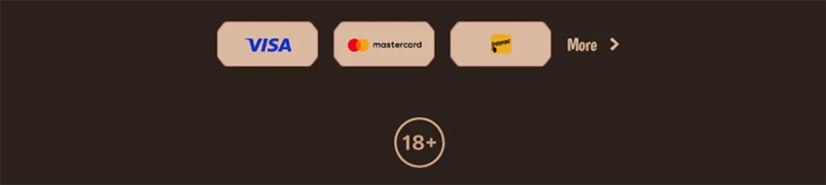 Stone Vegas Casino payment methods display with Visa, Mastercard, and Paysafecard icons alongside an 18+ responsible gaming badge on a dark background
