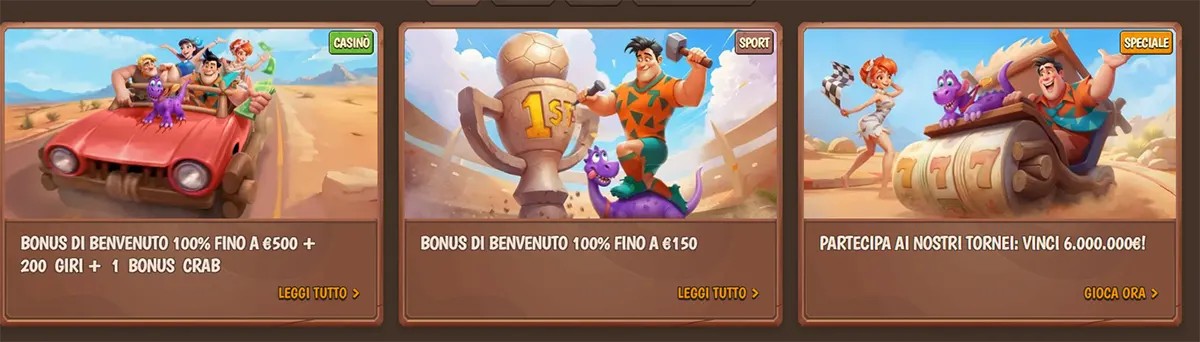 Stone Vegas Casino promotional cards in Italian featuring welcome bonus, deposit bonus, and tournament offers with cartoon characters and “Play Now” and “Read More” buttons