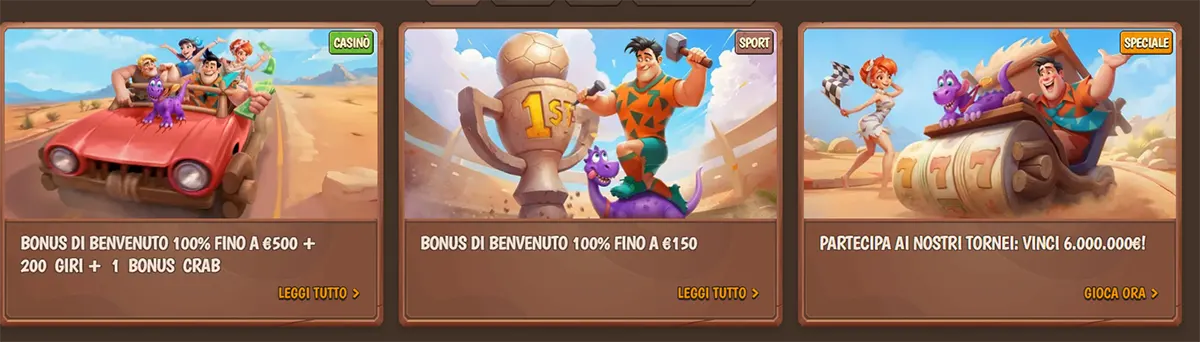 Stone Vegas Casino promotional cards in Italian featuring welcome bonus, deposit bonus, and tournament offers with cartoon characters and “Play Now” and “Read More” buttons