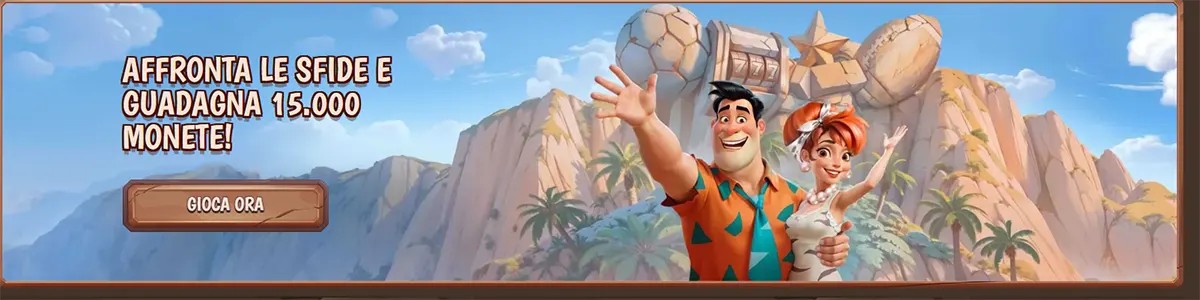 Stone Vegas Casino promotional banner in Italian featuring cartoon characters inviting players to complete challenges and earn 15,000 coins with a “Play Now” button